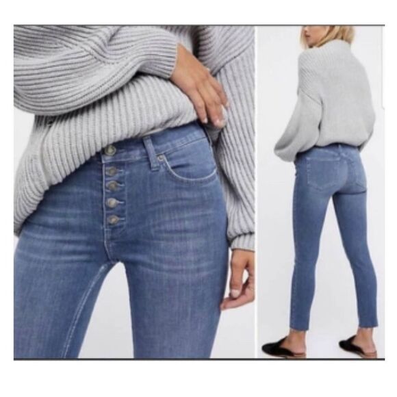 Free People Reagan Button fly Skinny high rise jeans raw hem Size 24 NWT - Picture 1 of 8